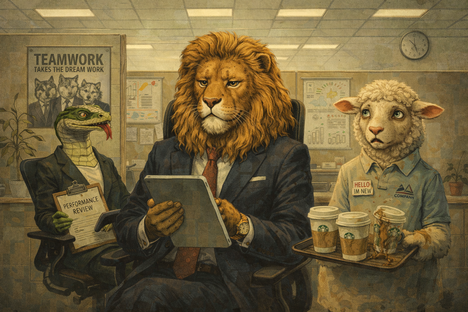 Animals, Inc. - A lion CEO, snake HR manager, and sheep intern in a beige corporate office. Dry absurdist corporate satire.