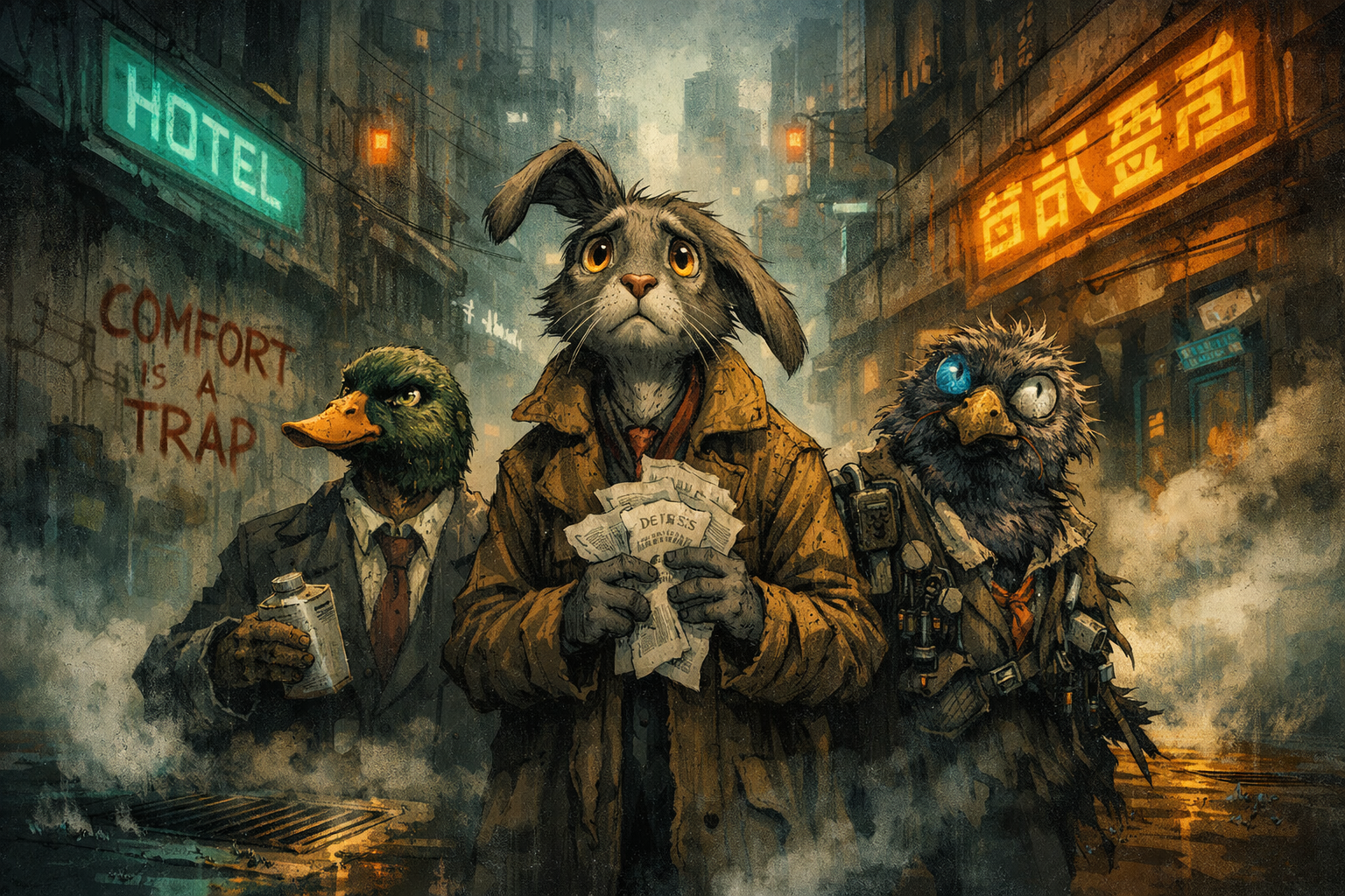 Brix & Gus - Three anthropomorphic animals in a neon-drenched dystopian city. A rabbit in a trench coat holds debt papers, a duck holds a flask, and a pigeon with mismatched eyes wears a gadget-filled vest.